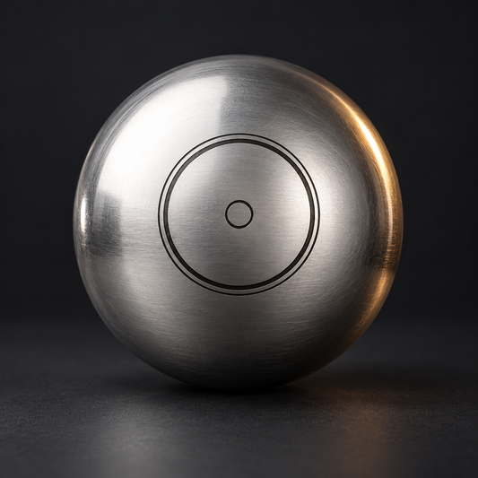 Ball of Steel with a laser-engraved Devanthro symbol on a dark studio background — design preview.